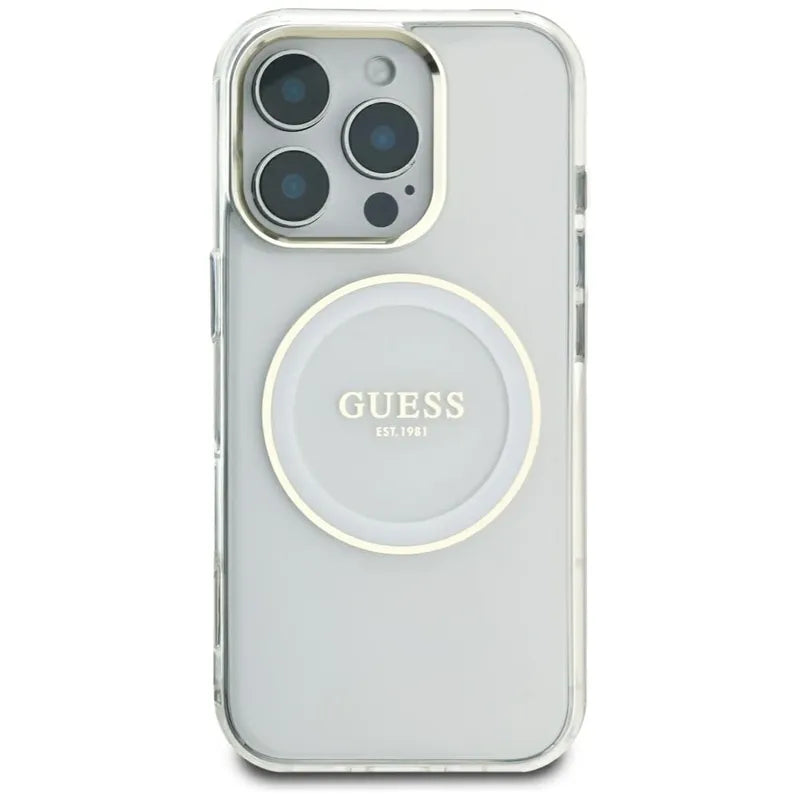 Guess IML Metal Colored Circle Classic Logo MagSafe – dėklas iPhone 16 Pro Max (baltas)