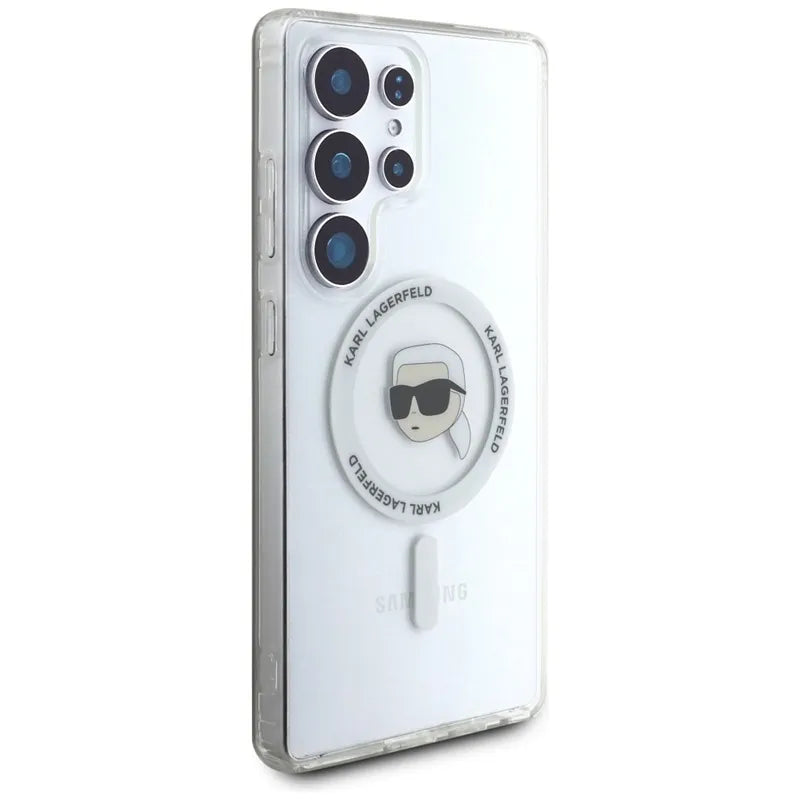 Karl Lagerfeld Button Karl Head Printed Logo MagSafe – dėklas Samsung Galaxy S25 Ultra (baltas)