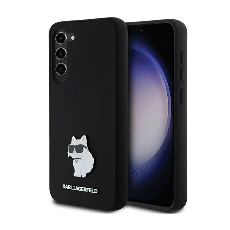 Karl Lagerfeld Silicone Choupette Metal Pin – dėklas Samsung Galaxy S24+ (juodas)