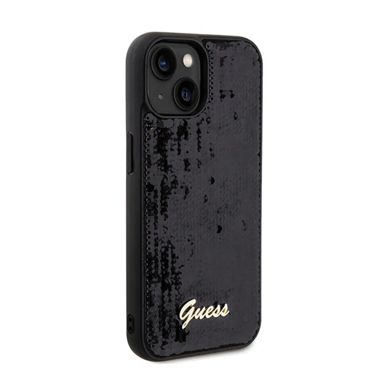 Guess Sequin Script Metal dėklas iPhone 14 (juodas)