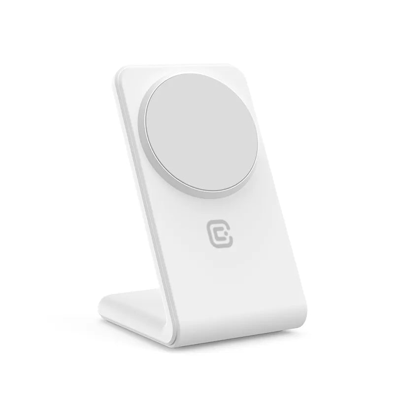 Crong MagSpot Stand – 2-in-1 belaidis įkroviklis su „MagSafe“, skirtas „iPhone“ ir „AirPods“ (baltas)