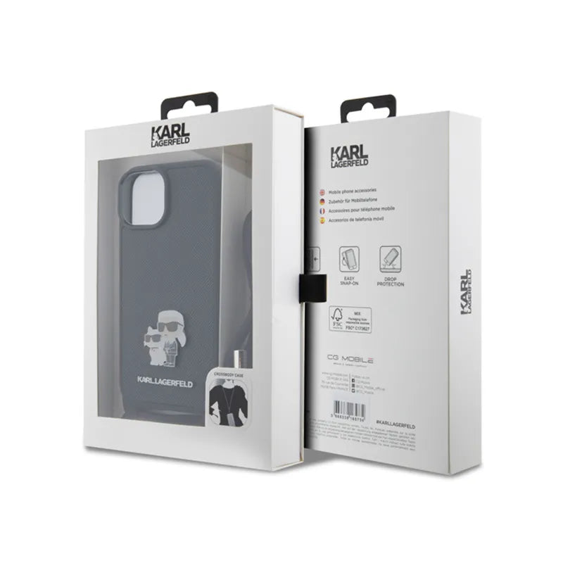 Karl Lagerfeld Crossbody Saffiano Metal Pin Karl & Choupette dėklas iPhone 15 telefonui (juodas)