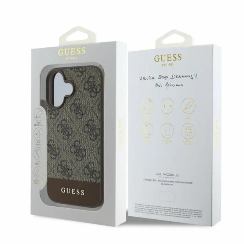 Guess 4G Bottom Stripe - Dėklas, skirtas iPhone 16 (rudas)