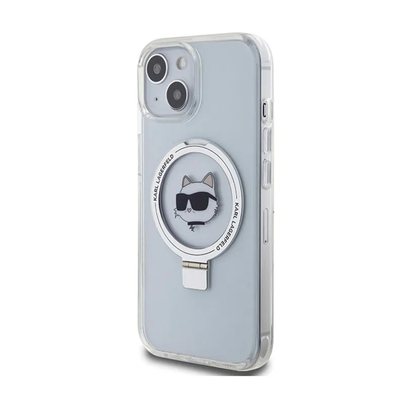 Karl Lagerfeld Ring Stand Choupette Head MagSafe – dėklas iPhone 15 telefonui (baltas)