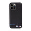 BMW Leather Carbon Blue Line – dėklas iPhone 15 Pro Max (juodas)