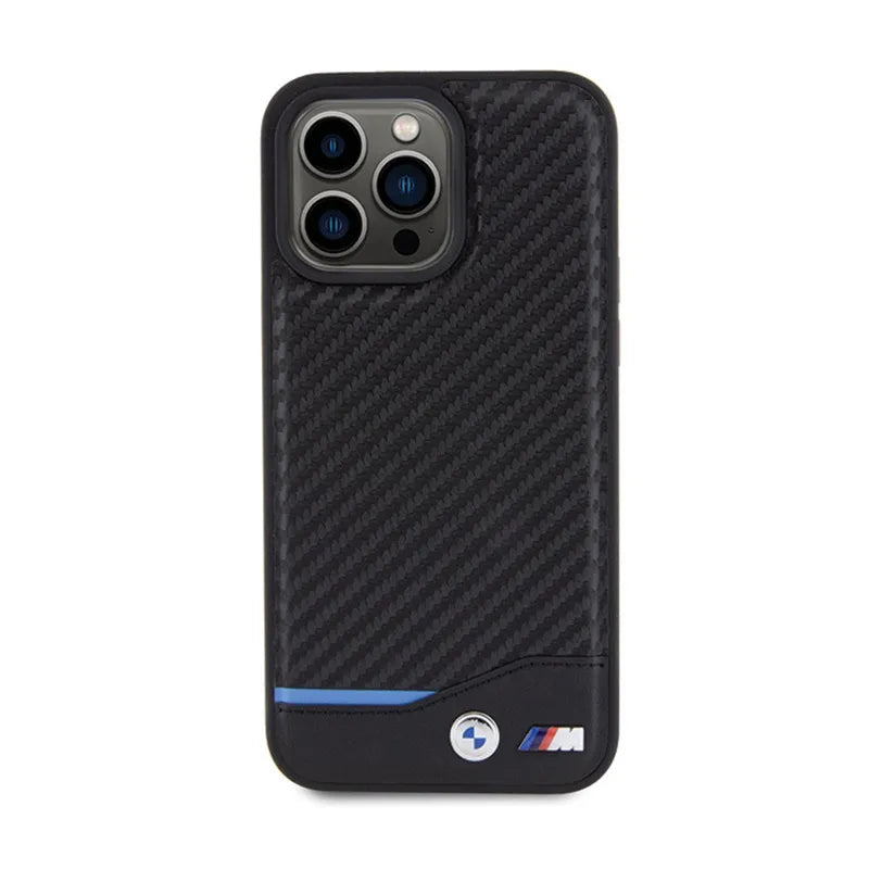 BMW Leather Carbon Blue Line – dėklas iPhone 15 Pro Max (juodas)
