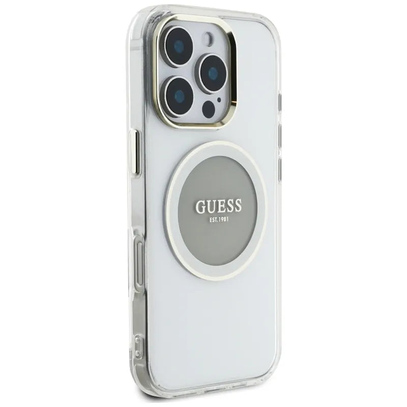 Guess IML Metal Colored Circle Classic Logo MagSafe – dėklas iPhone 16 Pro (pilkas)