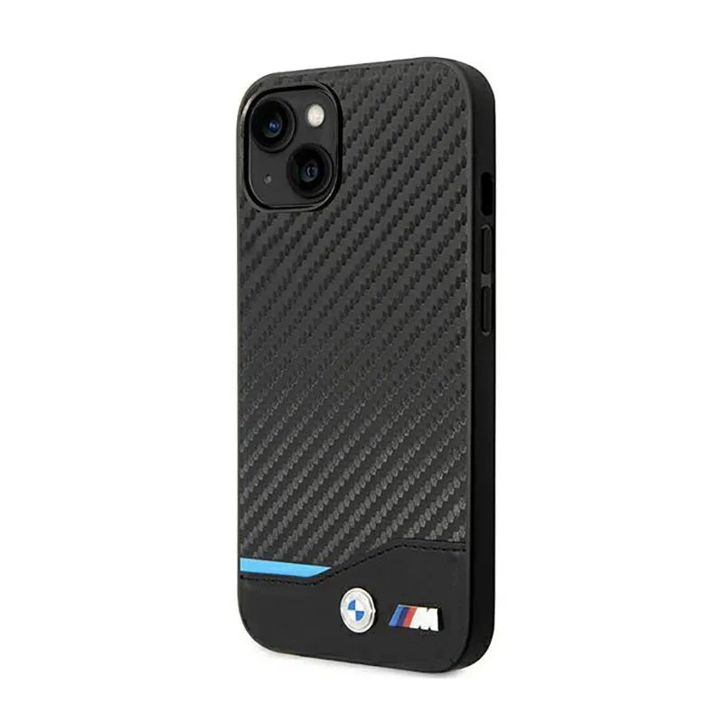 BMW Leather Carbon Blue Line – dėklas iPhone 14 Plus (juodas)