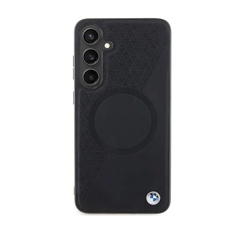 BMW Leather Half Textured & Circle MagSafe dėklas Samsung Galaxy S24+ telefonui (juodas)