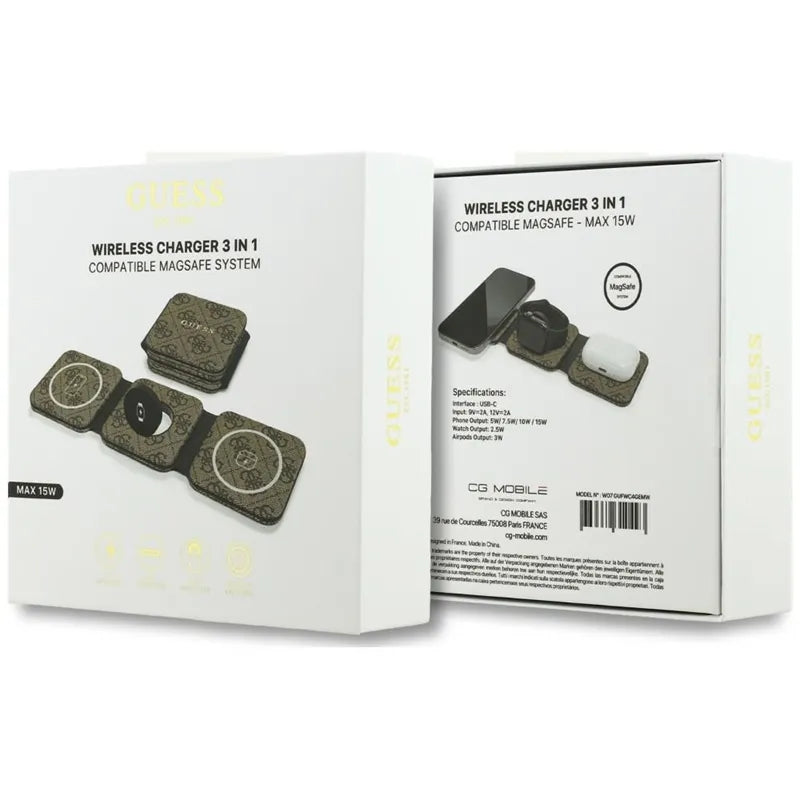 Belaidis įkroviklis Guess 4G – MagSafe 3-viename belaidis įkroviklis, skirtas iPhone, AirPods ir Apple Watch 15W (rudas)