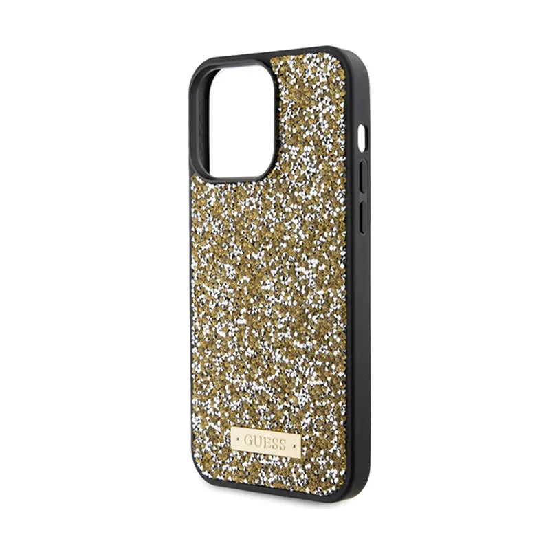 Guess Rhinestone Metal Logo – dėklas iPhone 15 Pro (geltonas)