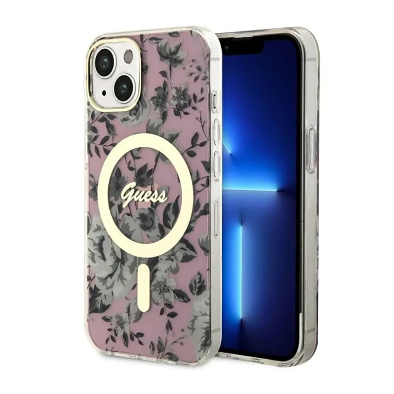 Guess Flower MagSafe – dėklas iPhone 14 (rožinis)