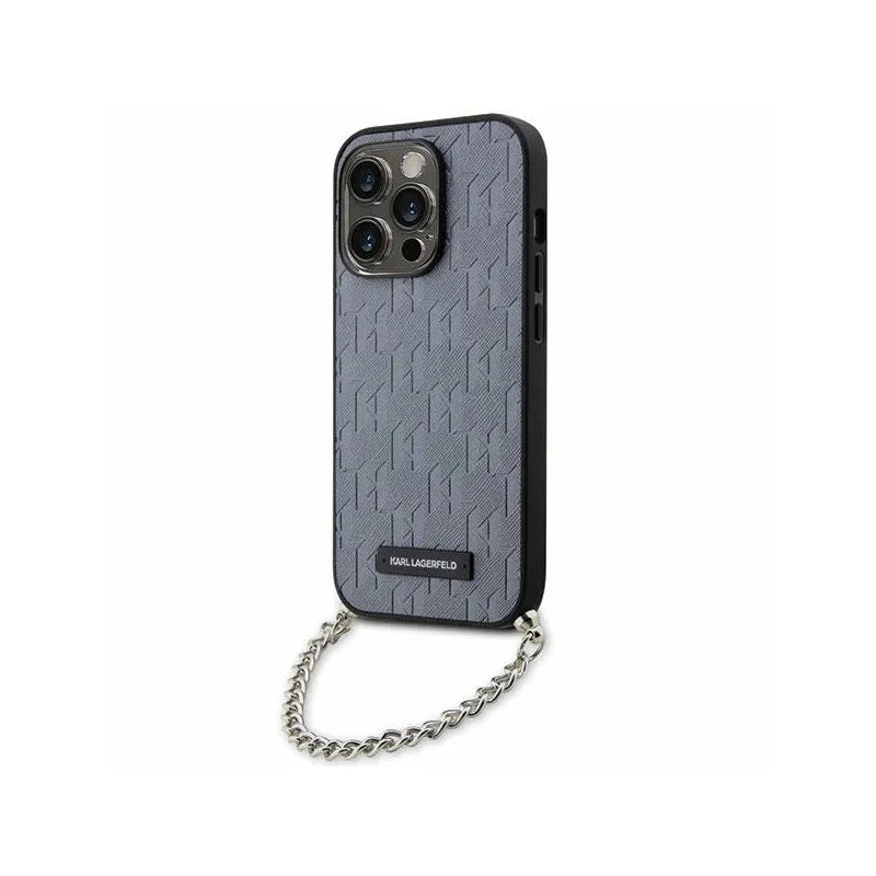 Karl Lagerfeld Saffiano Monogram Chain – dėklas, skirtas iPhone 14 Pro (sidabrinis)
