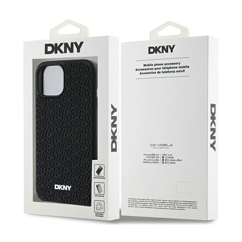 DKNY 3D Rubber Repeat Pattern – Dėklas iPhone 15 / 14 / 13 (juodas)