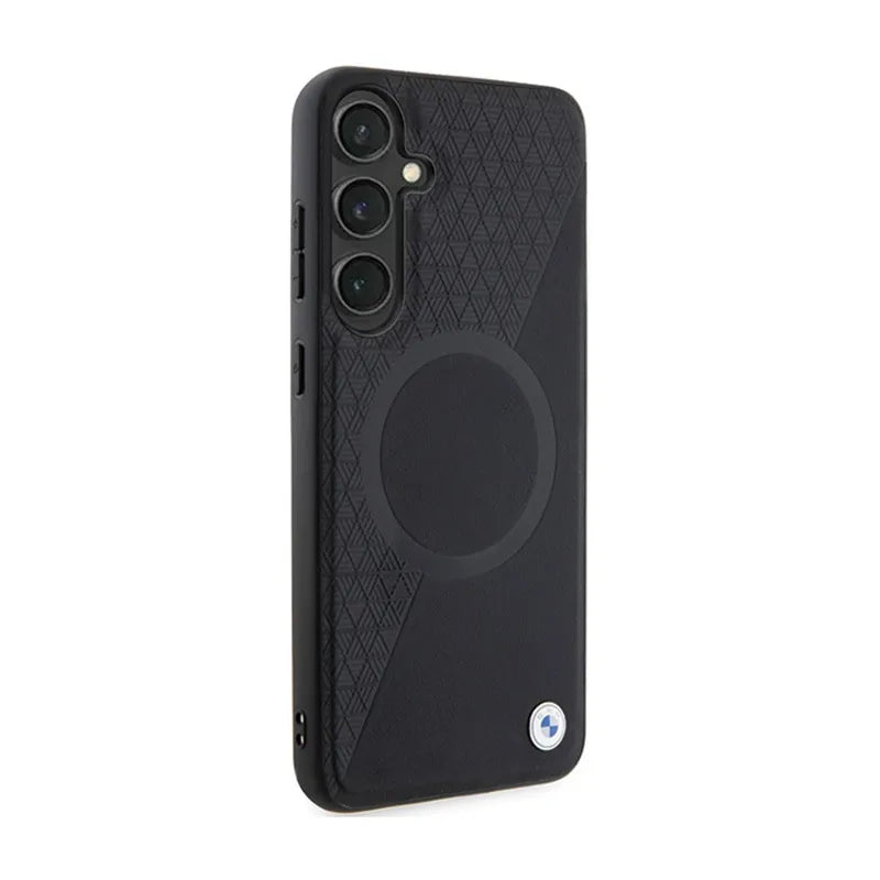 BMW Leather Half Textured & Circle MagSafe dėklas Samsung Galaxy S24+ telefonui (juodas)