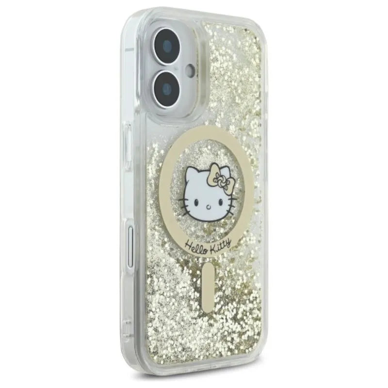 Hello Kitty Liquid Glitter Fever MagSafe – Dėklas iPhone 16 (baltas/auksinis)