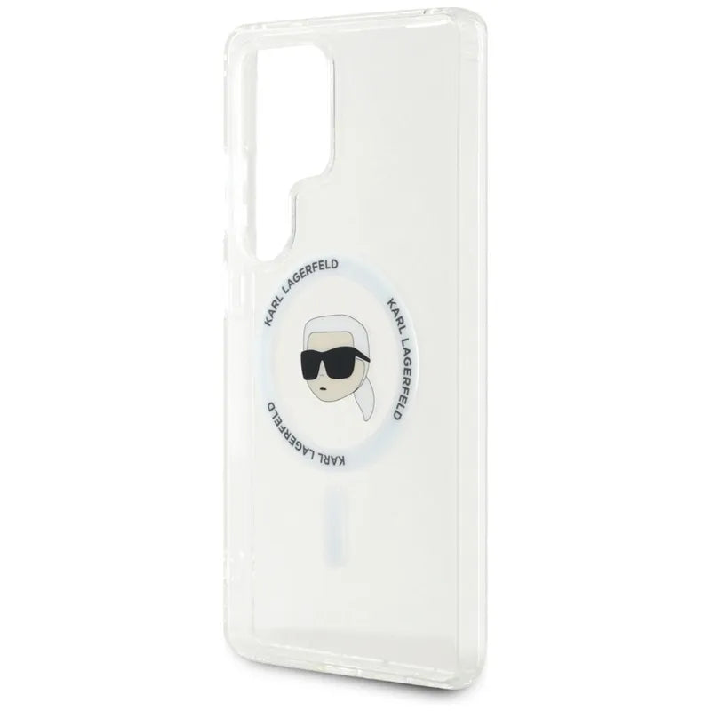 Karl Lagerfeld Button Karl Head Printed Logo MagSafe – dėklas Samsung Galaxy S25 Ultra (baltas)