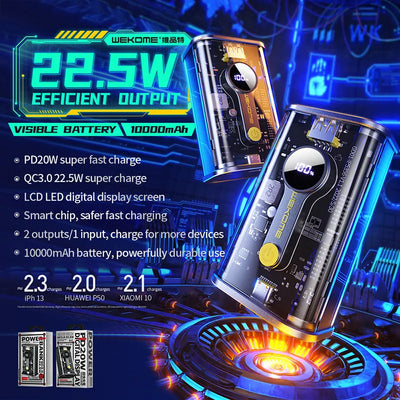 WEKOME WP-333 Vanguard Series – Išorinė baterija (power bank) 10000 mAh Super Charging PD 20W + QC 22.5W (juoda / skaidri)