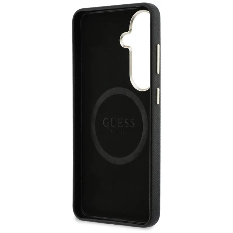Guess Rhinestone Round Logo MagSafe – dėklas Samsung Galaxy S26 (juodas)