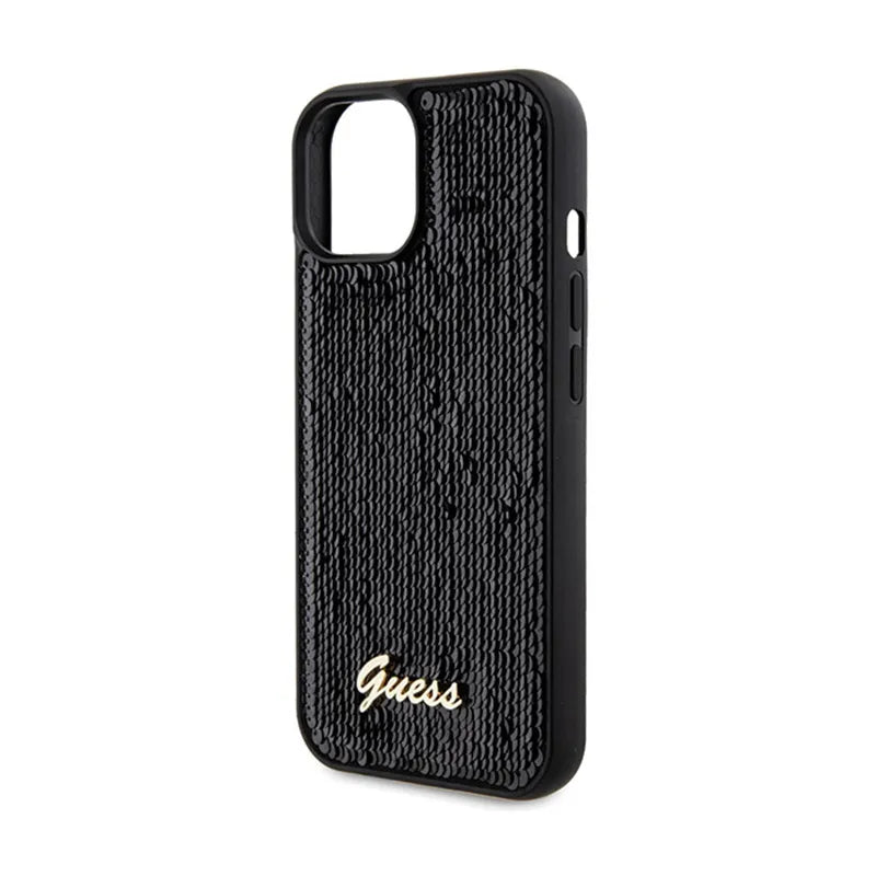Guess Sequin Script Metal dėklas iPhone 14 (juodas)