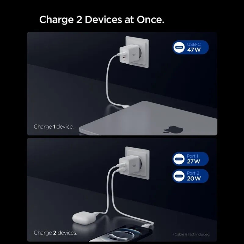 Spigen Essential EE472EU GaN Pro – 2x USB-C 47 W sieninis įkroviklis (baltas)