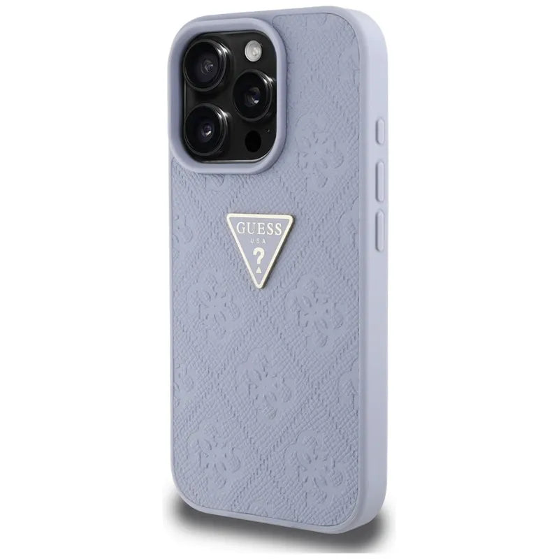 Guess Hot Stamp 4G Pattern Triangle Metal Logo – dėklas iPhone 16 Pro (violetinis)