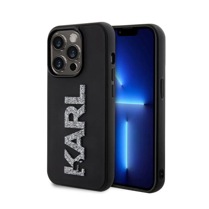 Karl Lagerfeld 3D Rubber Glitter Logo – dėklas iPhone 15 Pro Max (juodas)