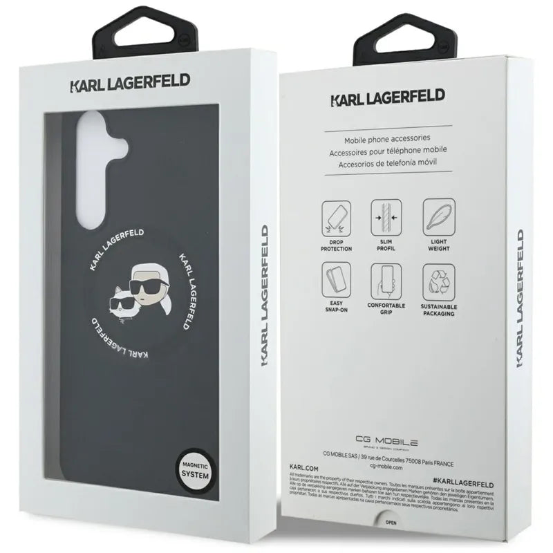 Karl Lagerfeld Silicone Karl & Choupette Heads MagSafe – Dėklas Samsung Galaxy S25 FE (juodas)