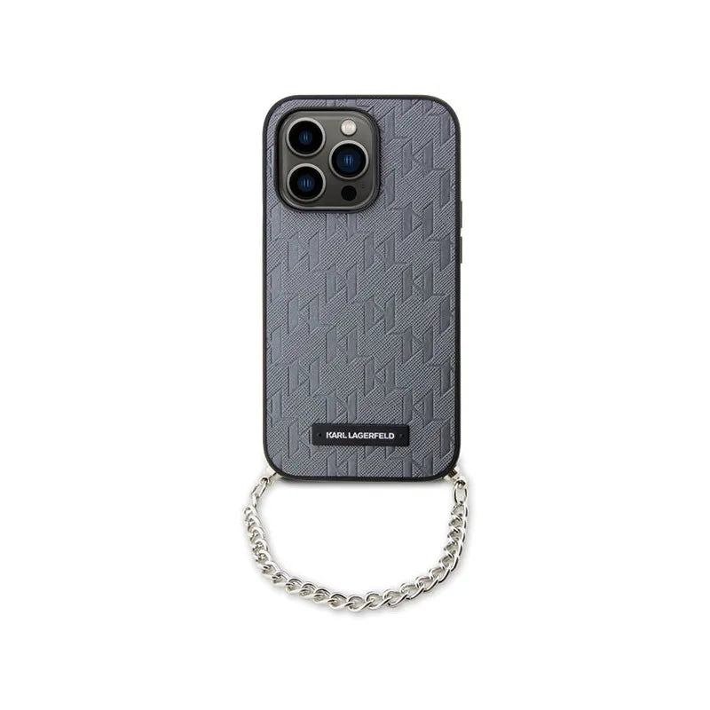 Karl Lagerfeld Saffiano Monogram Chain – dėklas, skirtas iPhone 14 Pro (sidabrinis)