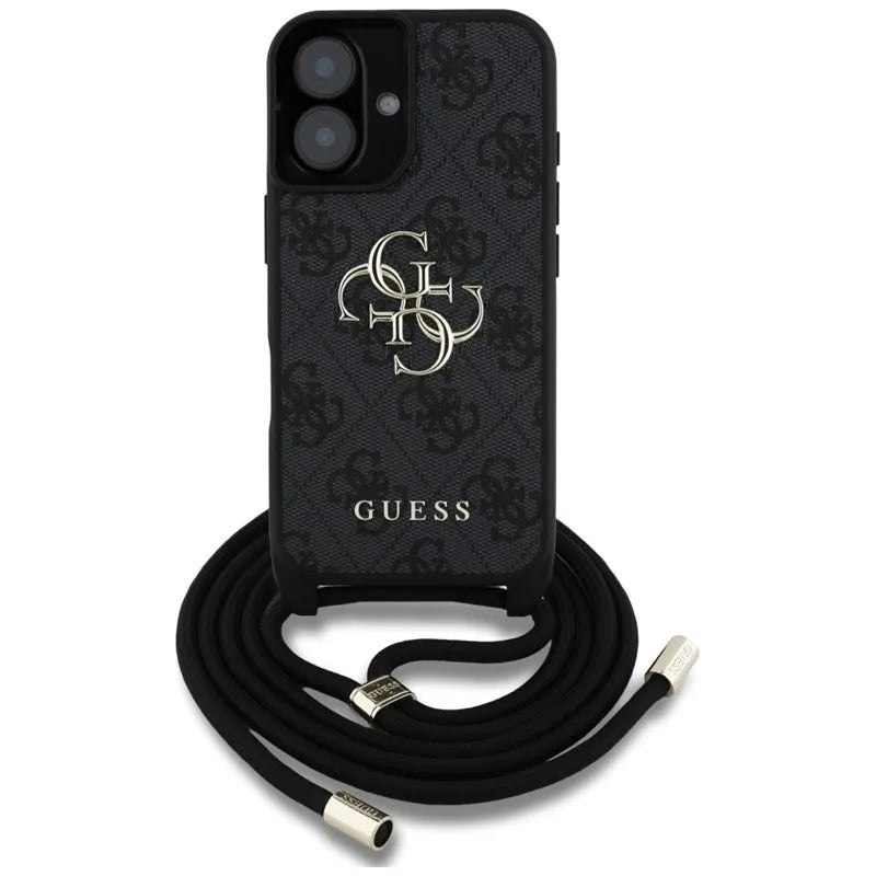 Guess 4G Big Logo Cord Strap Crossbody – dėklas skirtas iPhone 16 (juodas)