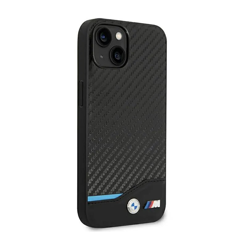 BMW Leather Carbon Blue Line – dėklas iPhone 14 Plus (juodas)