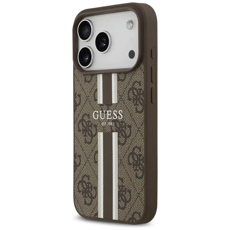 Guess 4G Printed Stripes MagSafe – Dėklas iPhone 17 Pro (rudas)