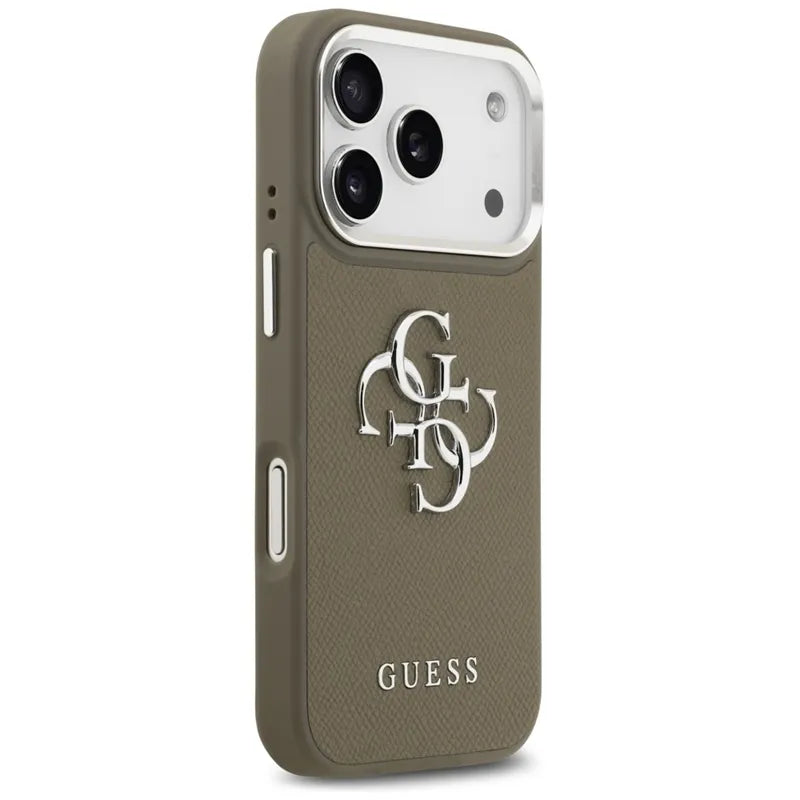 Guess Grained Big 4G Classic Logo – dėklas, skirtas iPhone 17 Pro (rudas)