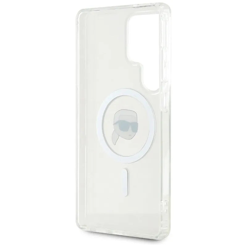 Karl Lagerfeld Button Karl Head Printed Logo MagSafe – dėklas Samsung Galaxy S25 Ultra (baltas)