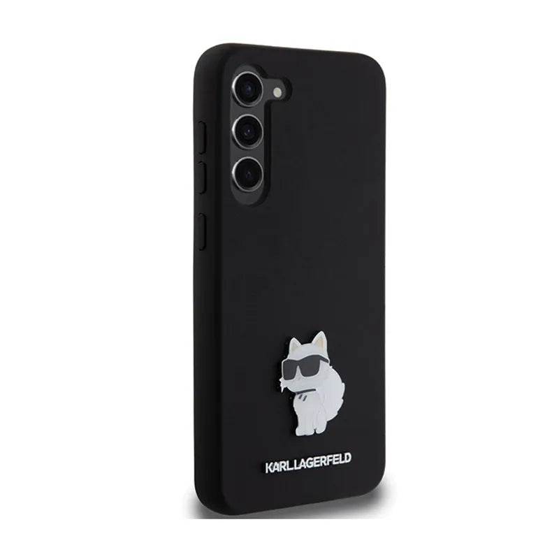 Karl Lagerfeld Silicone Choupette Metal Pin – dėklas Samsung Galaxy S24+ (juodas)