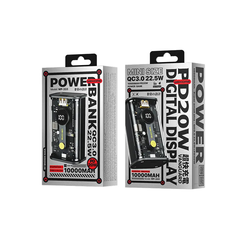 WEKOME WP-333 Vanguard Series – Išorinė baterija (power bank) 10000 mAh Super Charging PD 20W + QC 22.5W (juoda / skaidri)