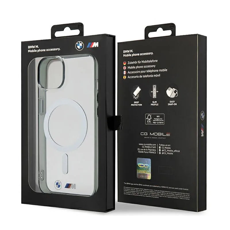 BMW Silver Ring MagSafe dėklas, skirtas iPhone 14 (skaidrus)