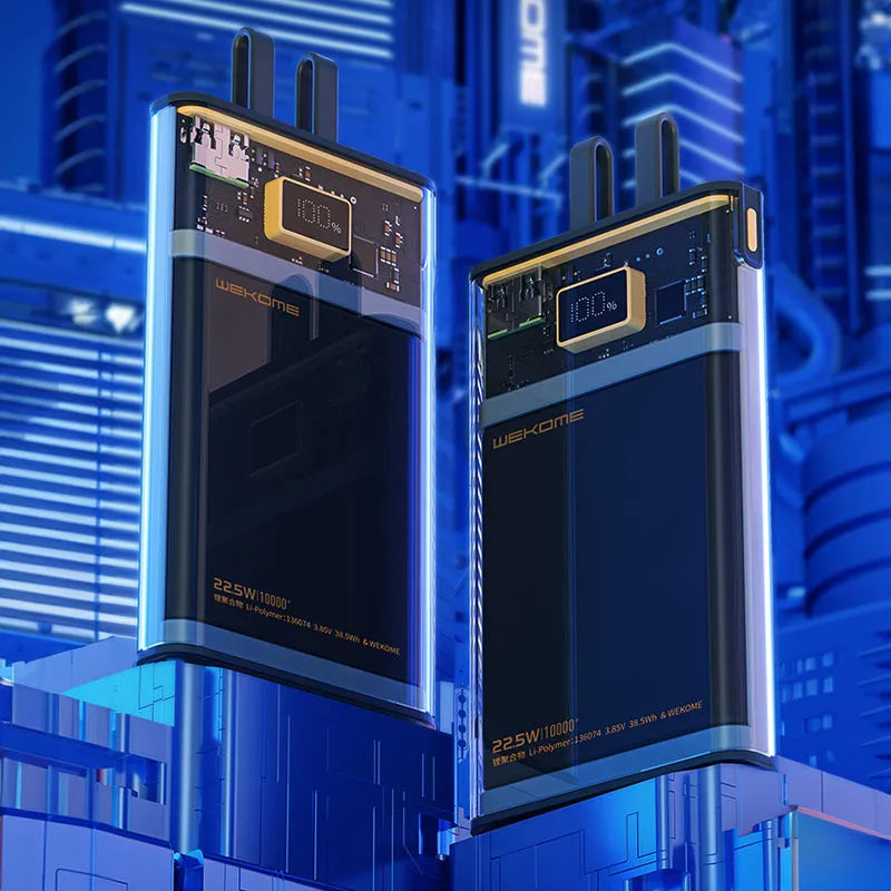 WEKOME WP-323 Vanguard Series - 10000 mAh išorinė baterija su integruotu USB-C ir Lightning laidu, PD 20W + QC 22.5W (juoda / permatoma)