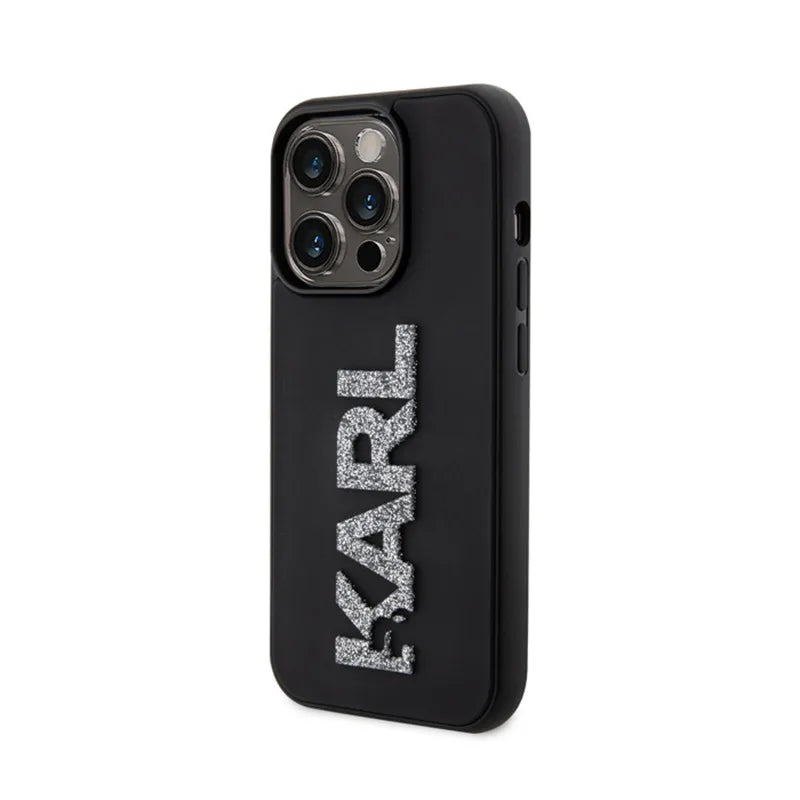 Karl Lagerfeld 3D Rubber Glitter Logo – dėklas iPhone 15 Pro Max (juodas)