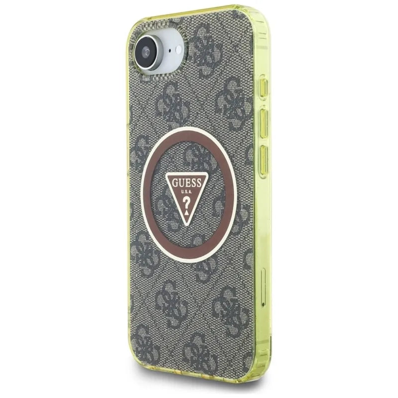 Guess IML Metal Glitter 4G Circle Triangle MagSafe – dėklas iPhone 16e (rudos spalvos)
