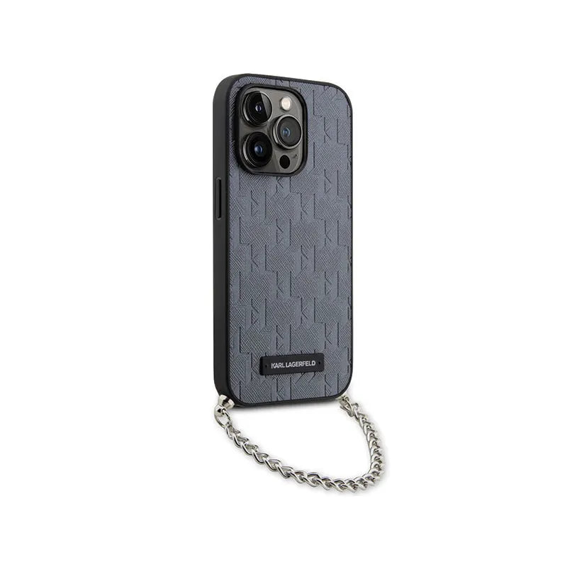Karl Lagerfeld Saffiano Monogram Chain – dėklas, skirtas iPhone 14 Pro (sidabrinis)