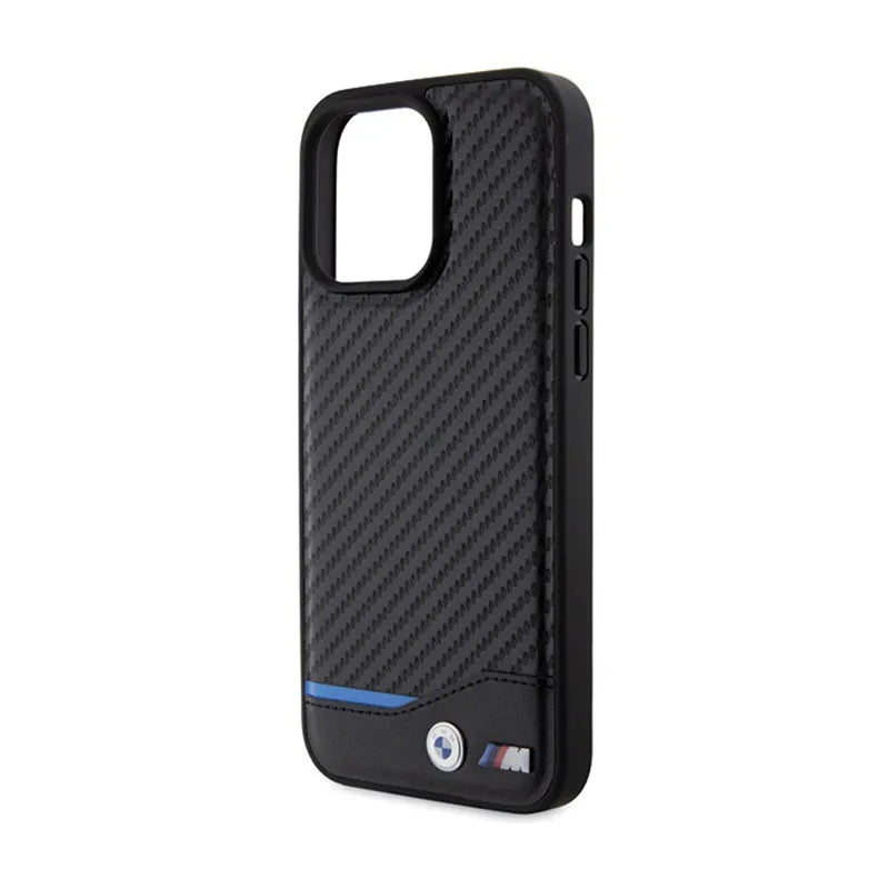 BMW Leather Carbon Blue Line – dėklas iPhone 15 Pro Max (juodas)