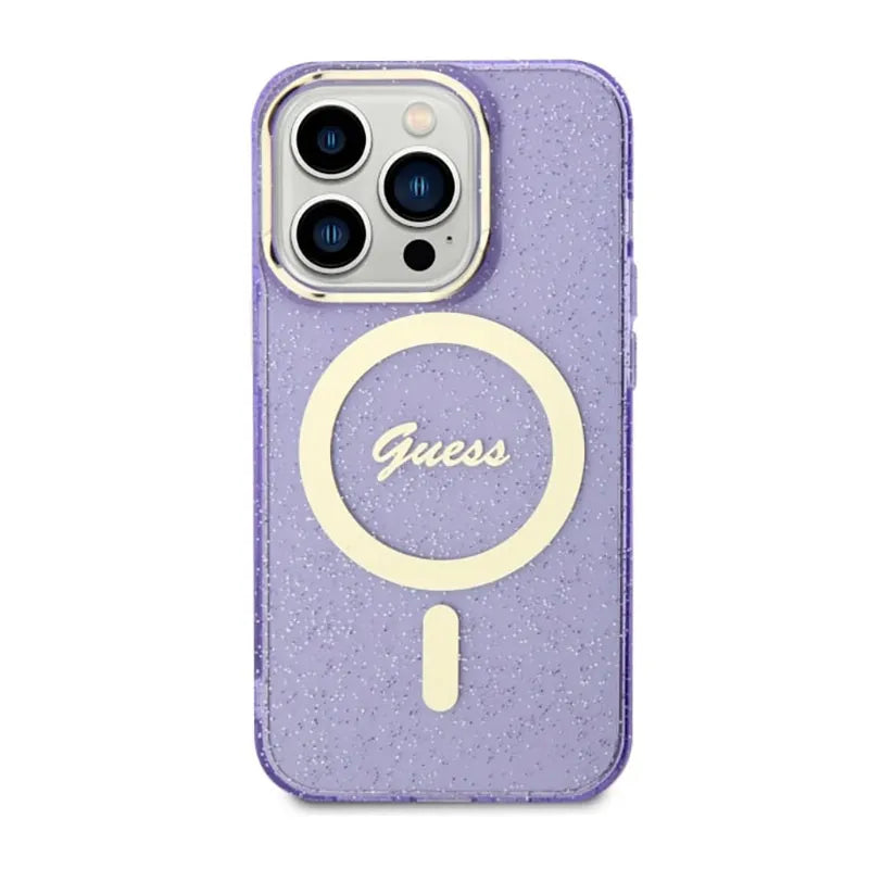 Guess Glitter Gold MagSafe – dėklas iPhone 14 Pro telefonui (violetinis)