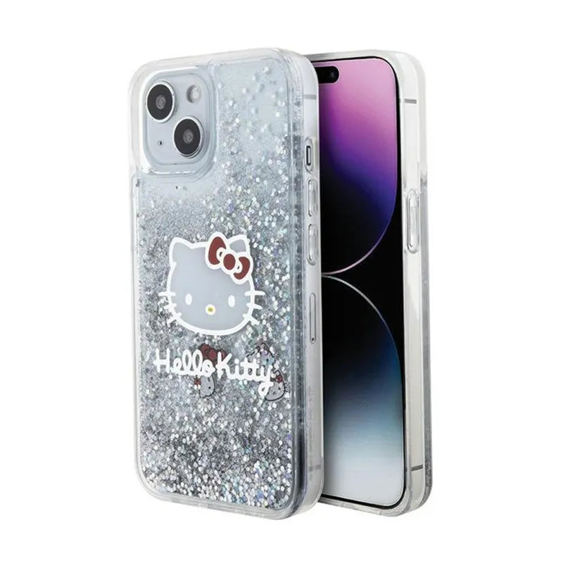 Hello Kitty Liquid Glitter Charms Kitty Head – dėklas iPhone 15 (sidabrinis)