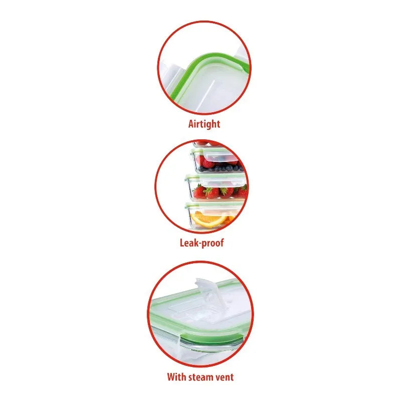 Alpina – 6 stiklo maisto indų rinkinys su dangteliais pietų dėžutės 370 ml / 640 ml / 1050 ml