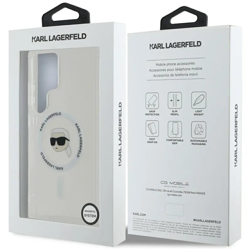 Karl Lagerfeld Button Karl Head Printed Logo MagSafe – dėklas Samsung Galaxy S25 Ultra (baltas)