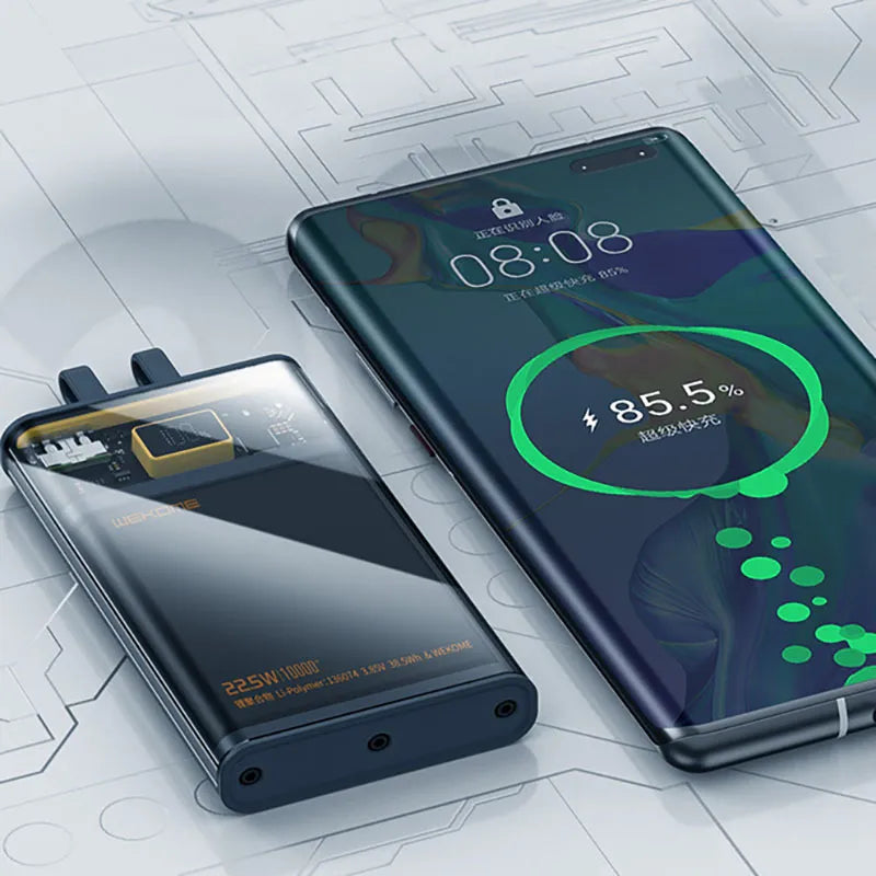 WEKOME WP-323 Vanguard Series - 10000 mAh išorinė baterija su integruotu USB-C ir Lightning laidu, PD 20W + QC 22.5W (juoda / permatoma)