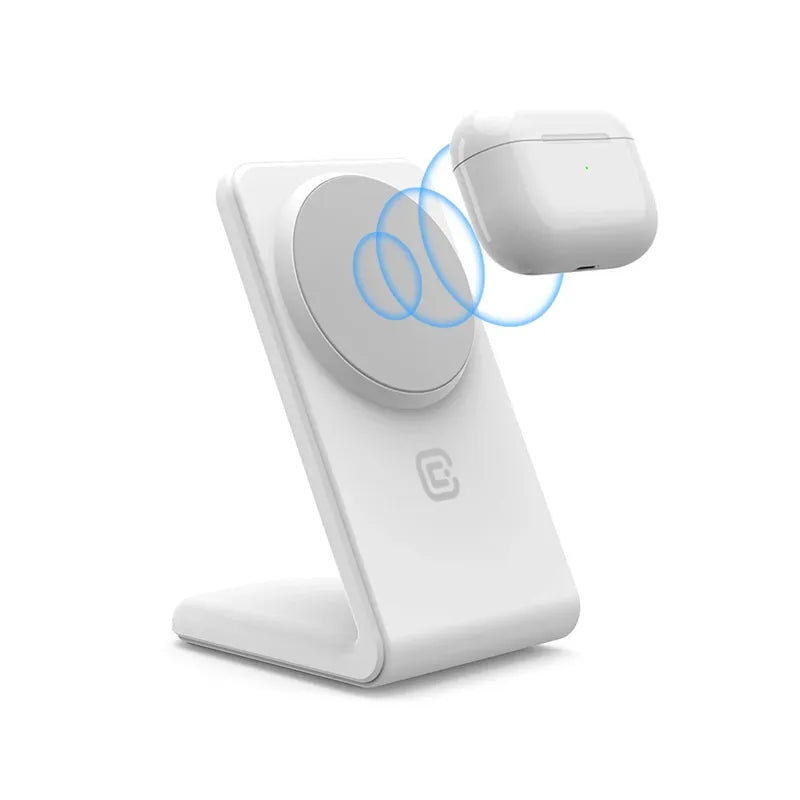 Crong MagSpot Stand – 2-in-1 belaidis įkroviklis su „MagSafe“, skirtas „iPhone“ ir „AirPods“ (baltas)