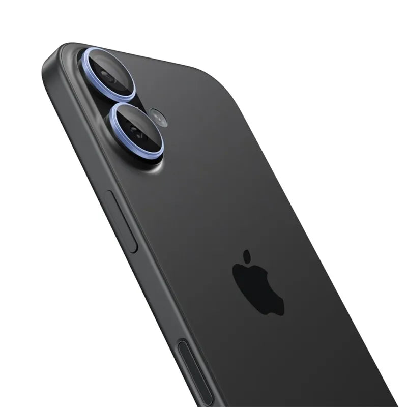 Spigen Optik Pro GLAS.TR EZ Fit fotoaparato apsauginis stikliukas (2 vnt.) – Stiklinė lęšių apsauga skirta iPhone 16 / 16 Plus / 17 (mėlyna)