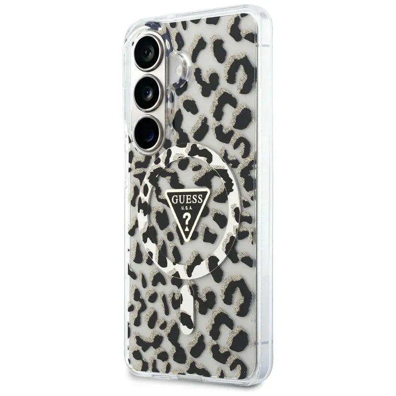 Guess IML Leopard Print Triangle MagSafe – Samsung Galaxy S26 dėklas (juodas)